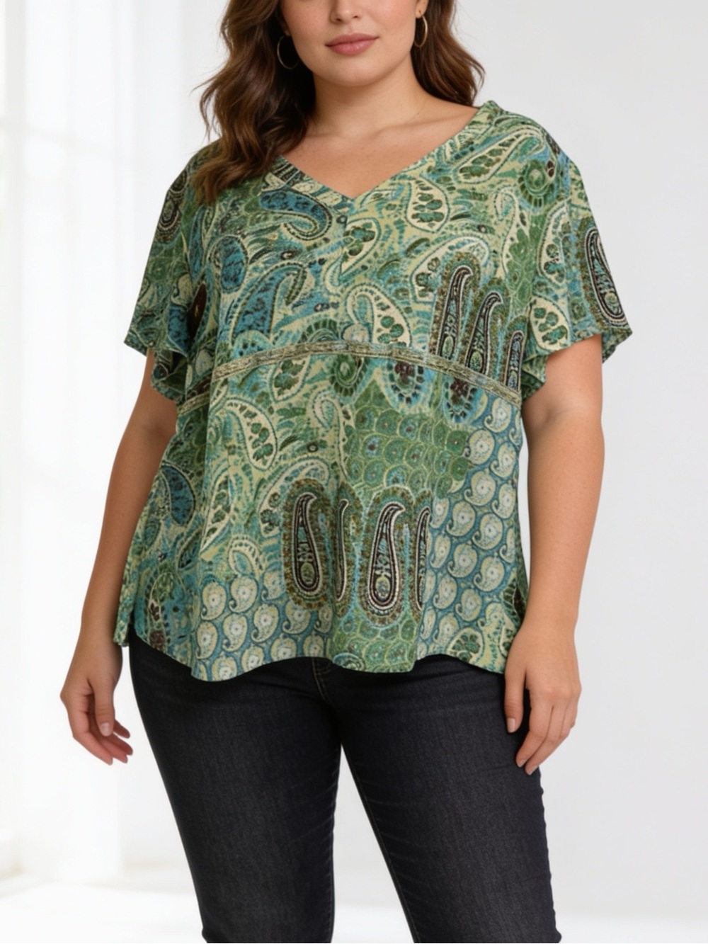 Emma James 20W Green Turquoise Paisley V-Neck Blouse Short Sleeve